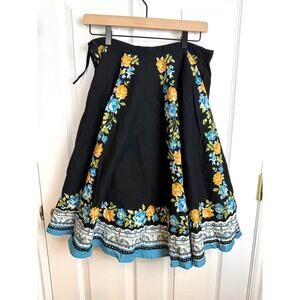 Refuge Black Floral Embroidered Wrap Skirt Boho Cottagecore Midi Skirt Size S